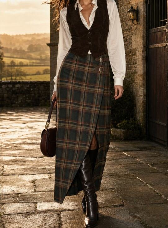 Lauren Ralph Lauren Dresses & Skirts - Vintage Lauren Ralph Lauren Plaid Wool Wrap Midi Skirt Leather Buckle 12 FLAW
